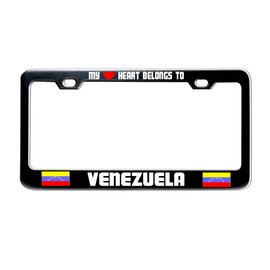 My Heart Belongs to Venezuela License Plate Frames Flag Country Politics Black Metal Auto Car Truck SUV Aluminum