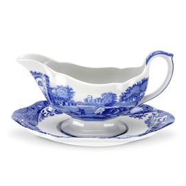 Spode Blue Italian Gravy Boat and Saucer | Spout for Gravy, Sauces, and Salad Dressings | Earthenware | 9-Ounce Capacity | Large Handle | Dishwasher Safe