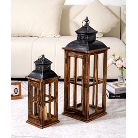 Large Farmhouse Decorative Wooden Lanterns Set of 2, Rustic Burnt Wood Floor Lanterns, Indoor/Outdoor Hurricane Lanterns for Home Decor (No Glass)