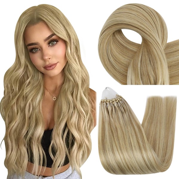 Micro Ring Extension Real Hair Blonde 40 cm Extension Colour #16p22 Highlight Dark Ash Blonde with Light Blonde 1 g/s Cold Fusion Hair Extensions 50 g/pack