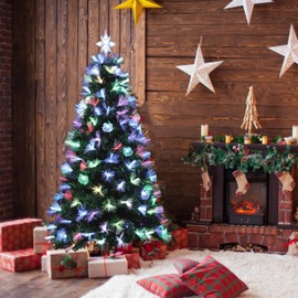 LAMPHOME 7FT Pre-Lit Christmas Tree, Fiber Optic Artificial Xmas Tree with Multicolor Lights, Top Star, Foldable Metal Base, RGB Fiber Optic Tree T for Indoor Holiday Home Decoration