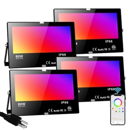 800W Equivalent Smart RGB LED Flood Lights - Bluetooth App Control, IP66 Waterproof, 2700K Warm White, Timing, 4 Pack