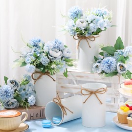 Domensi 6 Sets Wedding Centerpiece for Table Decoration Artificial Fake Rose Flowers with Metal Vase, Faux Silk Rose Bouquet Floral Arrangements for Bridal Shower Home Dining Party (Light Blue)