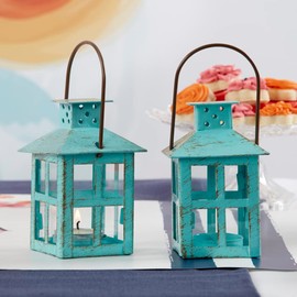 Kate Aspen 7.5 Inch Vintage Blue Distressed Rustic Candle Holder Decorative Lanterns (Set of 2), Wedding Decoration, Centerpiece, Home Shelf Decor
