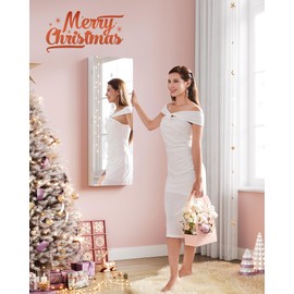 SONGMICS Mirror Jewelry Cabinet Armoire Organizer, Wall or Door Mount Storage Cabinet with Full-Length Frameless Lighted Mirror, Built-in Makeup Mirror, 2 Drawers, Lockable, Christmas Gift, White