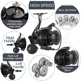 HPLIFE Fishing Reel, Saltwater Spinning Reels with Spare Graphite Spool Full Metal Body 14+1 BB Ultra Smooth Powerful 39.5LB Max Drag, 5.5:1 Gear Ratio Stainless Steel Reel for Gifts
