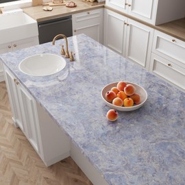 CRE8TIVE Glossy Cream Blue Marble Countertop Contact Paper Marble Wallpaper for Kitchen Countertop Peel and Stick Waterproof Self Adhesive Marble Contact Paper for Cabinets Shelf Liners Walls 12"x354"