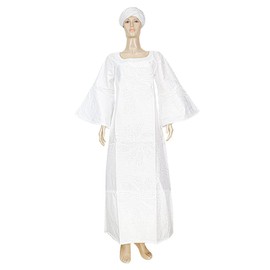 HD African Women Wedding Dress Traditional Bazin Riche Couple Clothes Ethnic Ankle Long Dress Loose 3/4 Sleeves White L