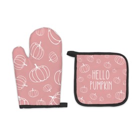 FIicy Pink Fall Oven Mitts and Pot Holders Sets - Pink Autumn Kitchen Sets Accessories, Pumpkin Fall Kitchen Decor,Hello Pumpkin Thanksgiving Heat Resistant Oven Glove Potholders for Kitchens Cooking