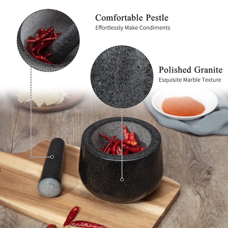 Polished Granite Mortar and Pestle Set, Stone Grinder Bowl for
