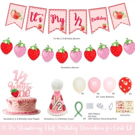 Fiesec Strawberry Half Birthday Decorations, 6 Months Birthday Decorations, Strawberry It’s My 1/2 Birthday Banner, Balloons, 1/2 Way To One Banner, Crown for Half Way To One Baby Girl Party Supplies