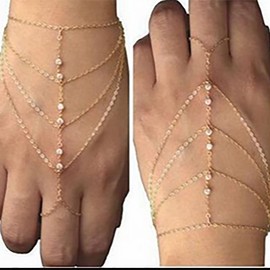 Inilbran Boho Layered Finger Bracelet Gold Rhinestone Finger Ring Bracelet Crystal Ring Link Wrist Bracelet Vintage CZ Slave Bracelet Jewelry for Women and Girls