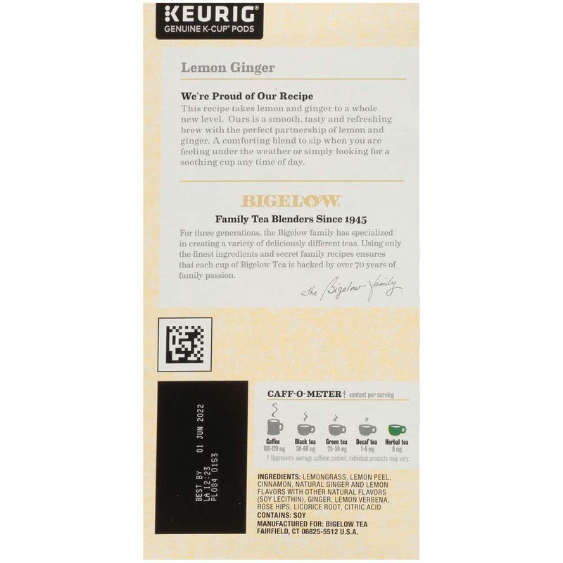 Bigelow Lemon Ginger Herbal Tea Keurig K-Cups, 22 Count Box