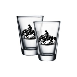 Hat Shark Western Rodeo Bull & Horse Riding Designs, 1.5 oz Clear Shot Glasses, Set of 2 (Cowboy Riding Horse)