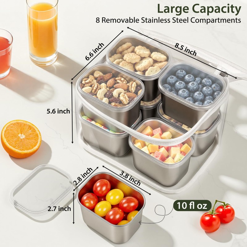 Snackle Box Container, 8 Stainless Steel Compartments with Individual Lids