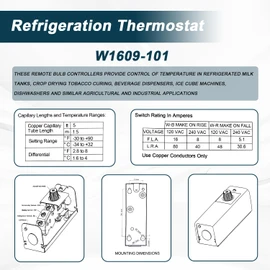 SDRZJX Refrigeration Thermostat Temperature Controller from -30°F to 90°F Capillary Length 5 Ft with Mechanical Temperature Control Switch Replace#: W1609-101