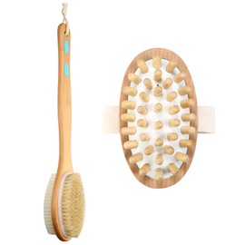 Vtrem Natural Wood Massager Body Brush + Long Handle Double Sided Bath Shower Brush for Dry Wet Skin Brushing & Exfoliating Body Scrubber Massage Set