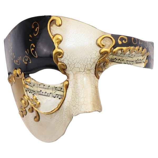 Vintage Design Half Face Men's Phantom Of The Opera Venetian Carnival Masquerade Mask (Beige & Black)