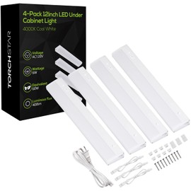 TORCHSTAR Plug in Under Cabinet Lighting, ETL Listed Linkable LED Under Cabinet Light Kit, Individual Control, 12 Inch, 4000K Cool White, 6W, Pack of 4