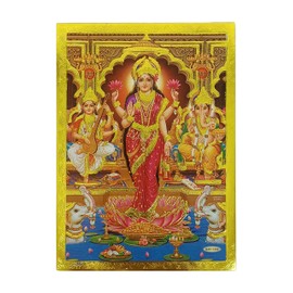 Pilgrims Fair Trade Gold Foil Embossed Hindu God Lord Ganesh and Goddesses Lakshmi & Saraswati Shrine Picture