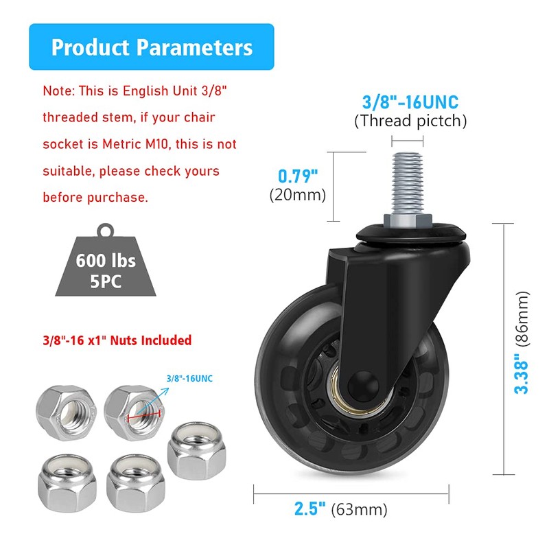 Hirate 2" Office Chair Casters Wheel with 3/8"-16UNC Threaded Stem