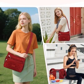 Rkrouco Women Crossbody Bag Multi-Pocket Nylon Waterproof Lightweight Casual Shoulder Handbag Purse Bookbag (Burgundy)