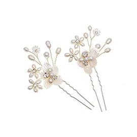 SAMKY 2 PCS Freshwater Pearl Crystal Mother Of Pearl Flower Hair Pins - Gold T1227