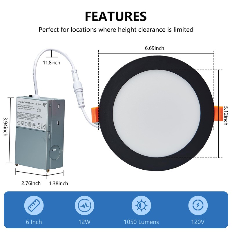 CycevSun 12 Pack Black Recessed Lights 6 Inch, Dimmable Canless