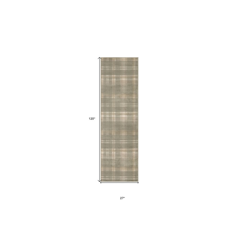 Homeroots 10' Olive Green and Ivory Plaid Runner Rug