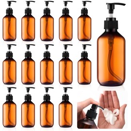 Uiifan 16 Pcs 8.5 oz Amber Foaming Soap Dispenser Refillable Foam Pump Bottle Liquid Plastic Container for Kitchen Bathroom Commercial Concentrated or Regular Shampoo Body Wash Dish Liquid Soap
