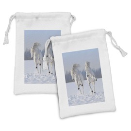 Ambesonne Animal Print Fabric Pouch Set of 2, Purebred Horses in Wildlife Snowy Forest Freedom Theme Winter Nature Landscape, Small Drawstring Bag for Toiletries Masks and Favors, 9" x 6", White Aqua