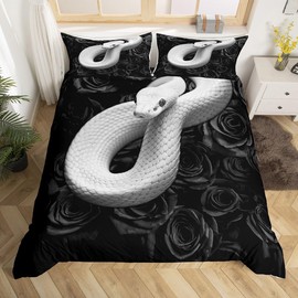 Castle Fairy Snake Comforter Cover Twin,Black Rose Flowers Rustic Duvet Cover with 1 Pillowcase,3D Coiled Snake White Reptile Boys Girls Soft Bed Cover,Kids Boys Girls Women Adults Modern Room Decor