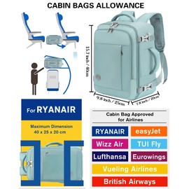 VANKEV Ryanair Cabin Bag 40x20x25 Underseat 20L Travel Bag Hand Luggage Backpack Carry-ons Bag Cabin Size Suitcases for Airplanes Flight Bag Travel Ruscksack Fit 14 Inch Laptop Light Blue