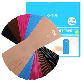 OK TAPE 100Pcs Precut Kinesiology Tape Strips, Elastic Athletic Tape for Joints Support & Muscle Pain Relief, Waterproof, Kinetic Tape for Shoulder, Knee, Ankle (5 Colors, 2 inch x 10 inch)