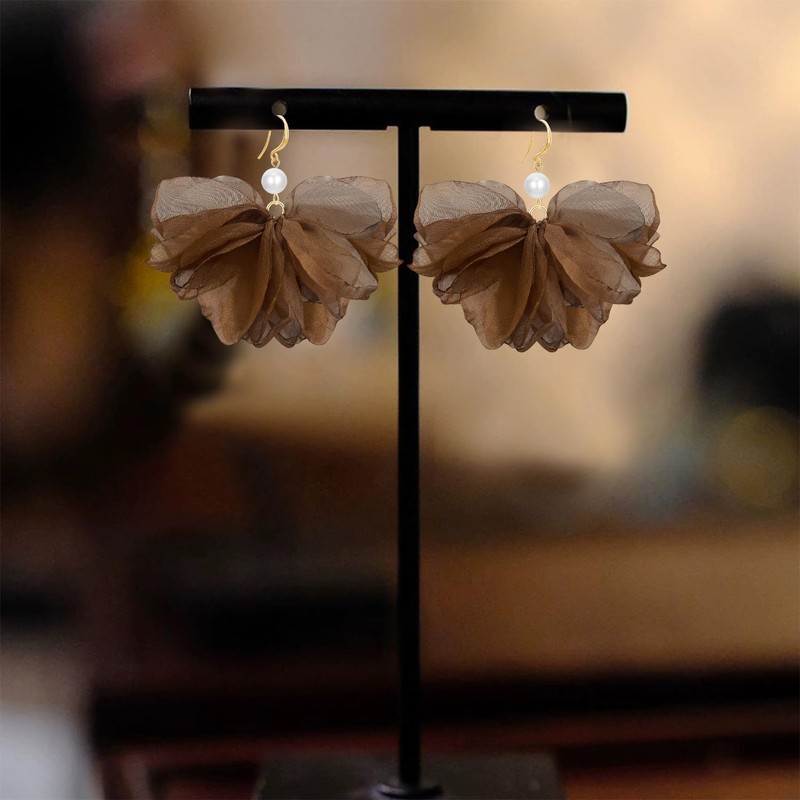 unixmoment Bohemian Big Pearl Fabric Flower Fringe Dangle Drop Earrings