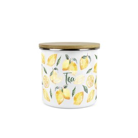 Purely Home Lemons Tea Canister - White Metal Enamel Medium Sized Kitchen Food Storage Container
