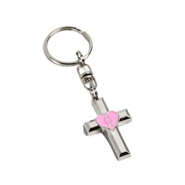 Metal Cross Keychain with Heart and Jesus Fish Symbol – Christian Religious Gift, Durable Inspirational Car or Bag Accessory, Pink, Standard