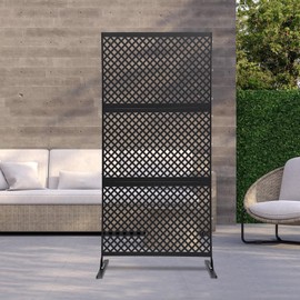 Outdoor Metal Privacy Screen with Stand, 35.4" W x 75" H Freestanding Metal Slatted Decorative Privacy Screen and Panels for Patio Garden Balcony Porch (Black Grill)