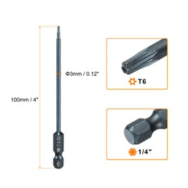 sourcing map 2pcs T6 Torx Screwdriver Bit 1/4" Hex Shank 4" Long S2 Steel Magnetic 6 Point Screw Driver Bits Industrial Grade Tamper Proof Star Drill Bits with Hole Torx Head