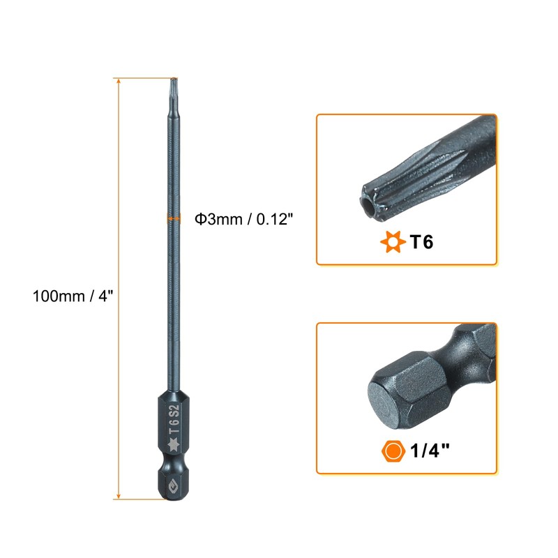 sourcing map 2pcs T6 Torx Screwdriver Bit 1/4" Hex Shank