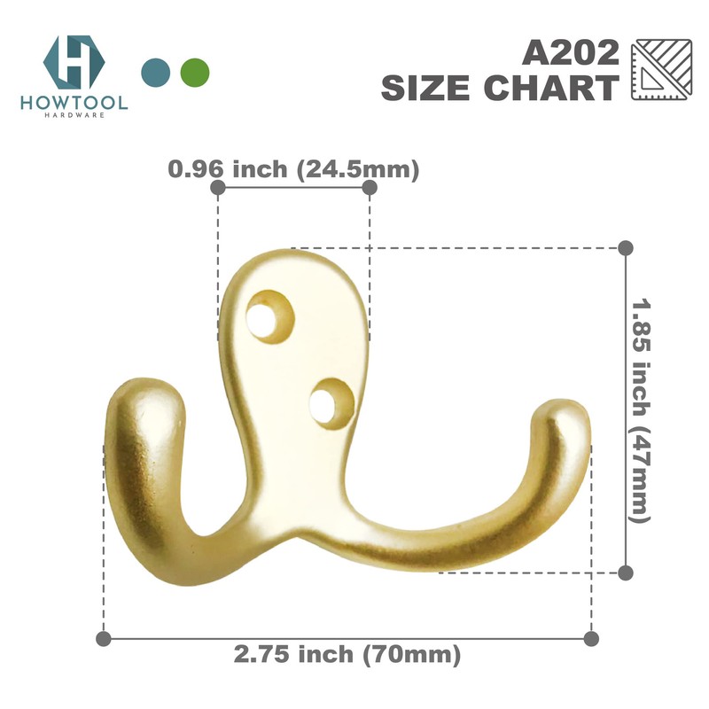 HOWTOOL Double Prong Towel Hook 5 Pack Champagne Brass with