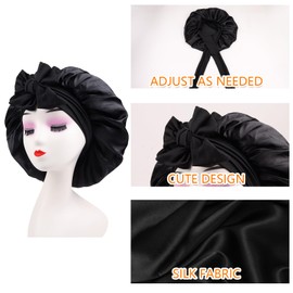 OWITER Satin Bonnet, Silk Sleep Bonnets for Women, Adjustable Satin Night Sleeping Cap Soft Elastic Band Silk Bonnets for Sleeping, Hair Bonnet + Scrunchies (Black)