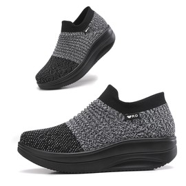 Oude Pull On Ladies Walking Sneakers On Cloud | Black Platform Shoes for Women Work Everyday | 2 Inch Rocker Bottom with Arch Support Size 9.5