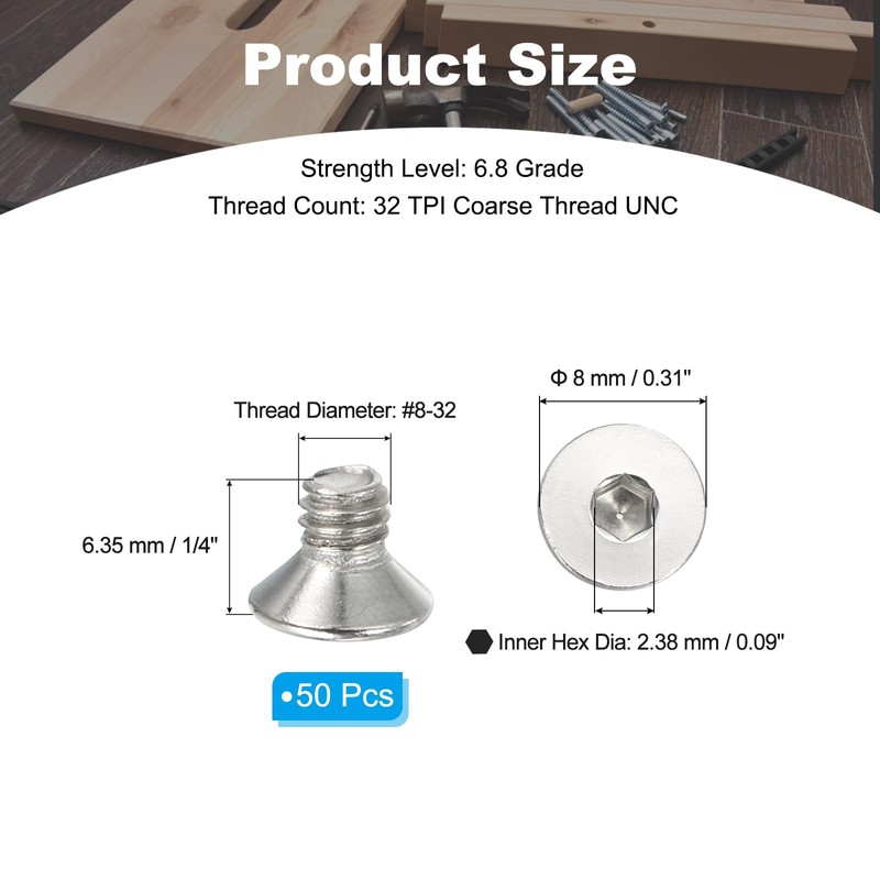 PATIKIL #8-32 x 1/4 Inch Flat Head Socket Cap Screws,
