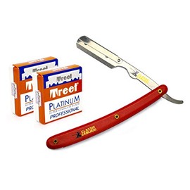 Classic Samurai Stainless Steel Professional Barber Straight Edge Razor with 200 Count Treet Platinum Single Edge Razor Blades (Red)
