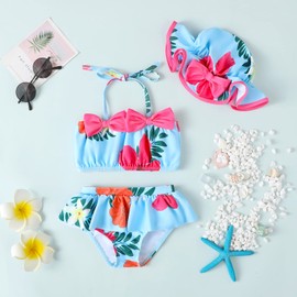 Baby Girl Summer Swimsuit with Hat Toddler Girls Bikini Sets Infant Bathing Suit Beach Outfits (041C-Flower, 0-6 Months)