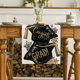 Artoid Mode Watercolor Congrats to You Star Trencher Cap Graduation Table Runner, Kitchen Dining Table Decoration for Home Party Decor 13x36 Inch