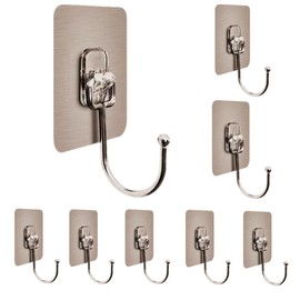 Large Adhesive Hooks 22Ib(Max),Waterproof and Rustproof Wall Hooks for Hanging Heavy Duty,Stainless Steel Towel and Coats Hooks to use Inside Kitchen Bathroom Home and Office 8 Pack (Transparent)