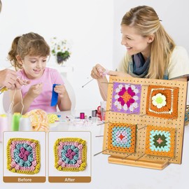 20CM Crochet Blocking Board, 7.9" Bamboo Square Blocking Board for Crocheting Knitting, Granny Crochet Projects, Wooden Crocheting Accessories Gifts for Mothers Crocheters, 20 Pins/Pegs,2 Crochet Hooks