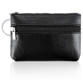 Coin Purse Teaaha Genuine Leather Zip Top Change Pouch with Zip Key Ring Portable Coin Pocket Wallet for Women Men Kids Credit Card Id Key Headset Lipstick (Black)